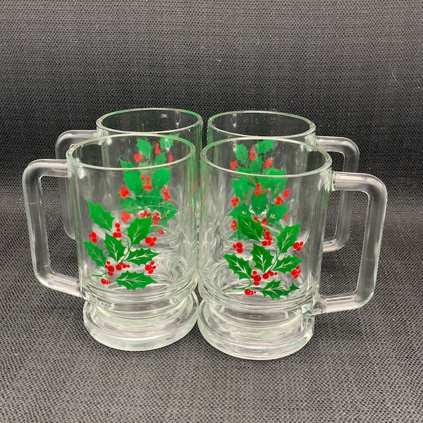 Indiana Glass Christmas Holly Mug Set, Holiday Drinkware, Festive Cups, Vintage Glassware, Christmas Table Decor