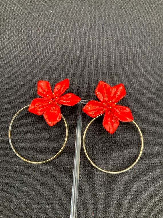 Vintage Earrings, Flower Earrings, Red Floral Hoop