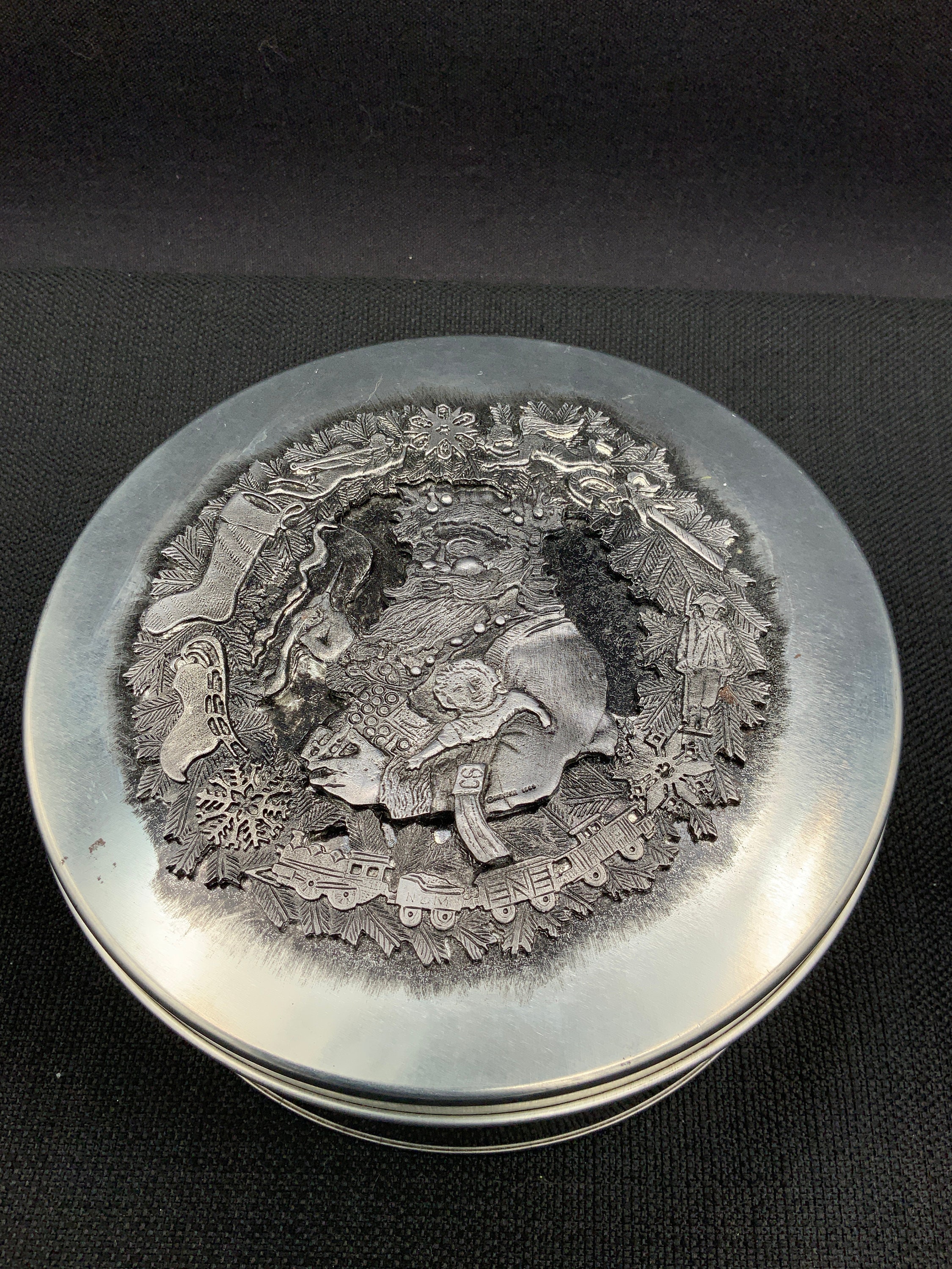 Vintage Metzke Christmas Pewter Cookie Tin, Santa Wreath Design
