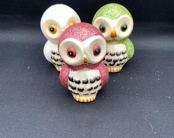 Hand-Painted Ceramic Owl Figurines, Sparkly Home Decor, Collectible Set, Owl Collection