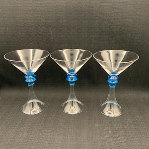 Art Deco Blue Stem Martini Glasses, Trumpet Base, Retro Barware, Colored Cocktail Glass Set, Vintage Gift, Mid-Century Cocktail Glasses