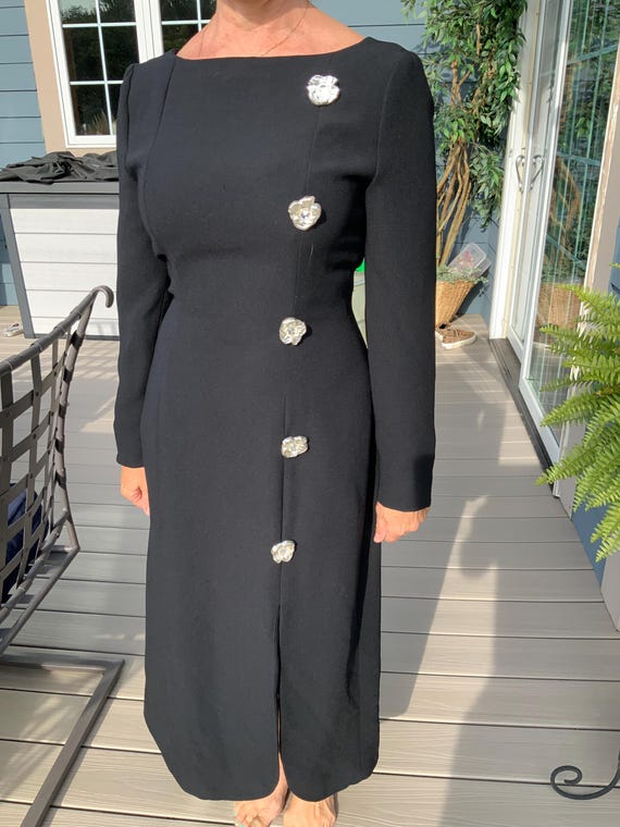 Ilie Wacs Black Dress, Silver Flower Accent ,Classic Black Gown, Silver Button Accents Ilie Wacs Black Dress, Silver Flower Accent ,Classic Black Gown, Silver Button Accents