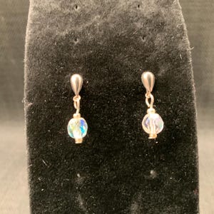 Simple Silver Dangle Earrings with Aurora Borealis Crystal, Pierced Earrings, Sparkly Earrings, Crystal Drop Earrings, Confirmation Gift