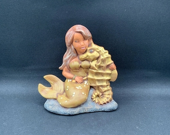 Mermaid with Seahorse Ceramic Figurine, 6" Mermaid Statue, Storybook Character