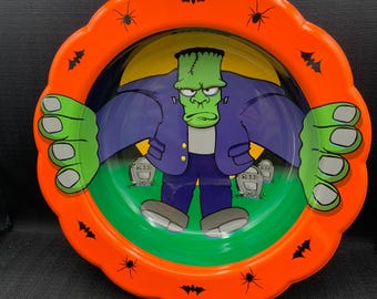 Bol de dulces de Halloween de Frankenstein estilo vintage de los 90: Plato de plástico para golosinas, decoración espeluznante para el hogar