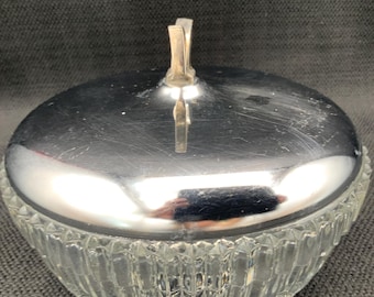 プレスガラス製キャンディディッシュ、ヴィンテージデザイン、クローム