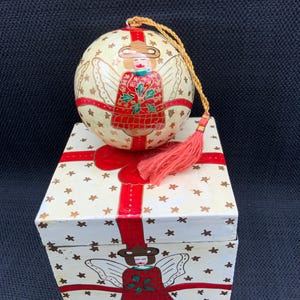 Hand Painted Papier Mache Christmas Ball Ornament: Angel Design, Made in India
