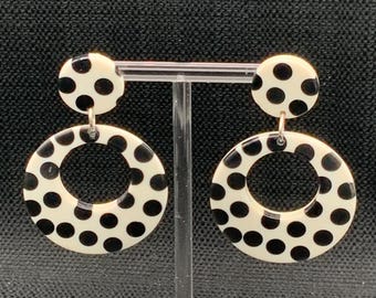 Vintage Black and White Earrings, Poka Dot Dangle Earrings, Retro Jewelry, Statement Earrings, Unique Earrings