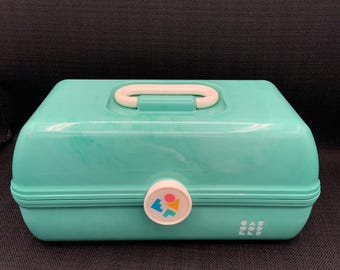 Vintage Sea Foam Marble Caboodle, Retro Cosmetic Organizer, 90s Makeup Case, Travel Vanity Box