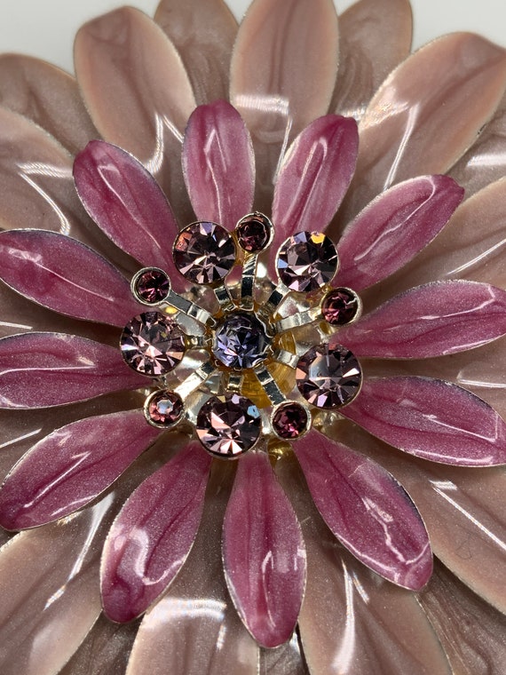 Vintage Enamel Rhinestone Flower Brooch Pin, Larg… - image 2