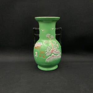 Japan Vase Satsuma Hand Painted Green Vase-Vintage Asian Decor- Pottery Design