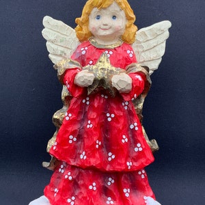 Large Plaster Angel w/ Star, Vintage Christmas Angel, Red Dress Christmas Decor, Rare Holiday Figurine, Vintage Collectible
