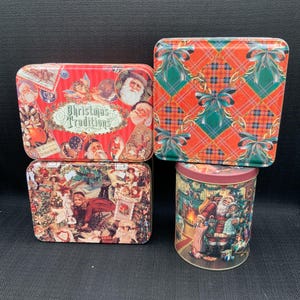 Vintage Christmas Tins , Holiday Tin Containers, Retro Decorative Tins, Festive Cookie Tins, Seasonal Storage