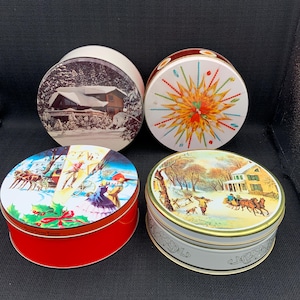 Vintage Christmas Tins , Holiday Tin Containers, Retro Decorative Tins, Festive Cookie Tins, Seasonal Storage