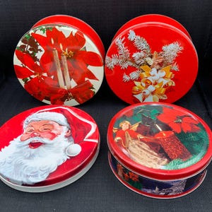 Vintage Christmas Tins with Poinsettias, Holly Berry and Candles, Christmas Cookie Tins, Nostalgic Christmas, Retro Holiday Tins