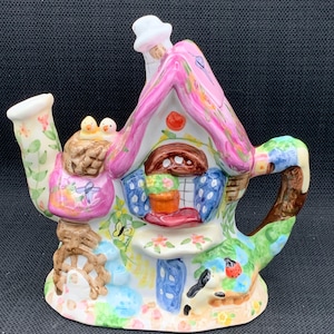 Ceramic House Teapot, Hand Painted Cottage Teapot, Adorable Tea House, Collectible Teapot, Cottagecore Kitchen Decor