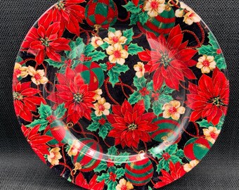 Poinsettia Fabric Glass Plate, Holiday Serving Tray, Festive Platter, Christmas Decor, Table Centerpiece