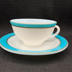 Vintage Pyrex Aqua Blue Cup and Saucer: Gold Rim Collectible, Vintage Coffee Cup, Christmas Gift Idea, Shabby Chic Teacup and Saucer