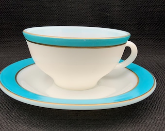 Vintage Pyrex Aqua Blue Tasse und Untertasse, Shabby Chic Küche, Retro Geschirr