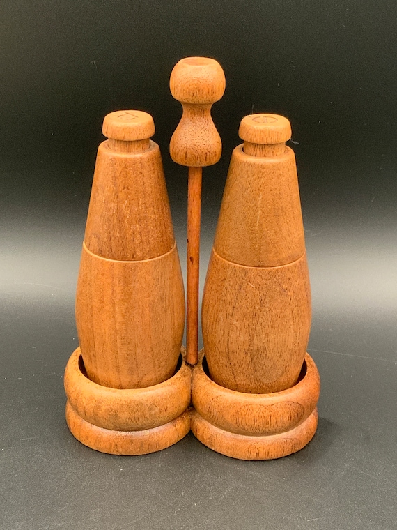 Vintage MCM Wooden Salt and Pepper Shakers, Unique Spice Holders