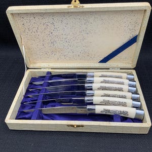 Könnte beinhalten: Ein Set aus sechs Steakmessern in einer cremefarbenen Box. Die Messer haben Klingen aus Edelstahl und cremefarbene Griffe mit einem dekorativen Design. Die Box ist mit blauem Stoff ausgekleidet und hat einen goldenen Verschluss.