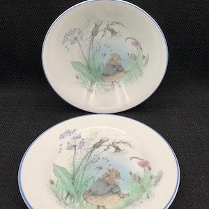 Puede incluir: Dos platos de cerámica blanca con borde azul. Cada plato presenta una ilustración caprichosa de un ratón con chaqueta azul sentado en una seta, rodeado de flores y vegetación. Los platos son probablemente para fines decorativos o de servicio.