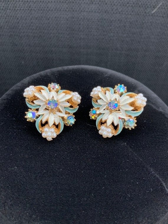 Florenza Enamel Clip Earrings, AB Rhinestone Faux 