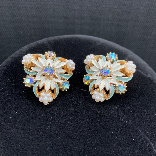 Florenza Enamel Clip Earrings, AB Rhinestone Faux Pearl, Vintage Style, Statement Earrings, Wedding Jewelry