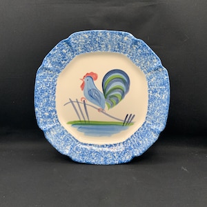 Vintage Blue Stipple Rooster Plate by Los Angeles Pottery, Spongeware Plate, Farmhouse Kitchen