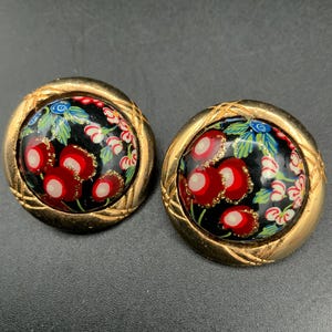 Vintage Gold Floral Enamel Clip On Earrings: Retro Statement Jewelry
