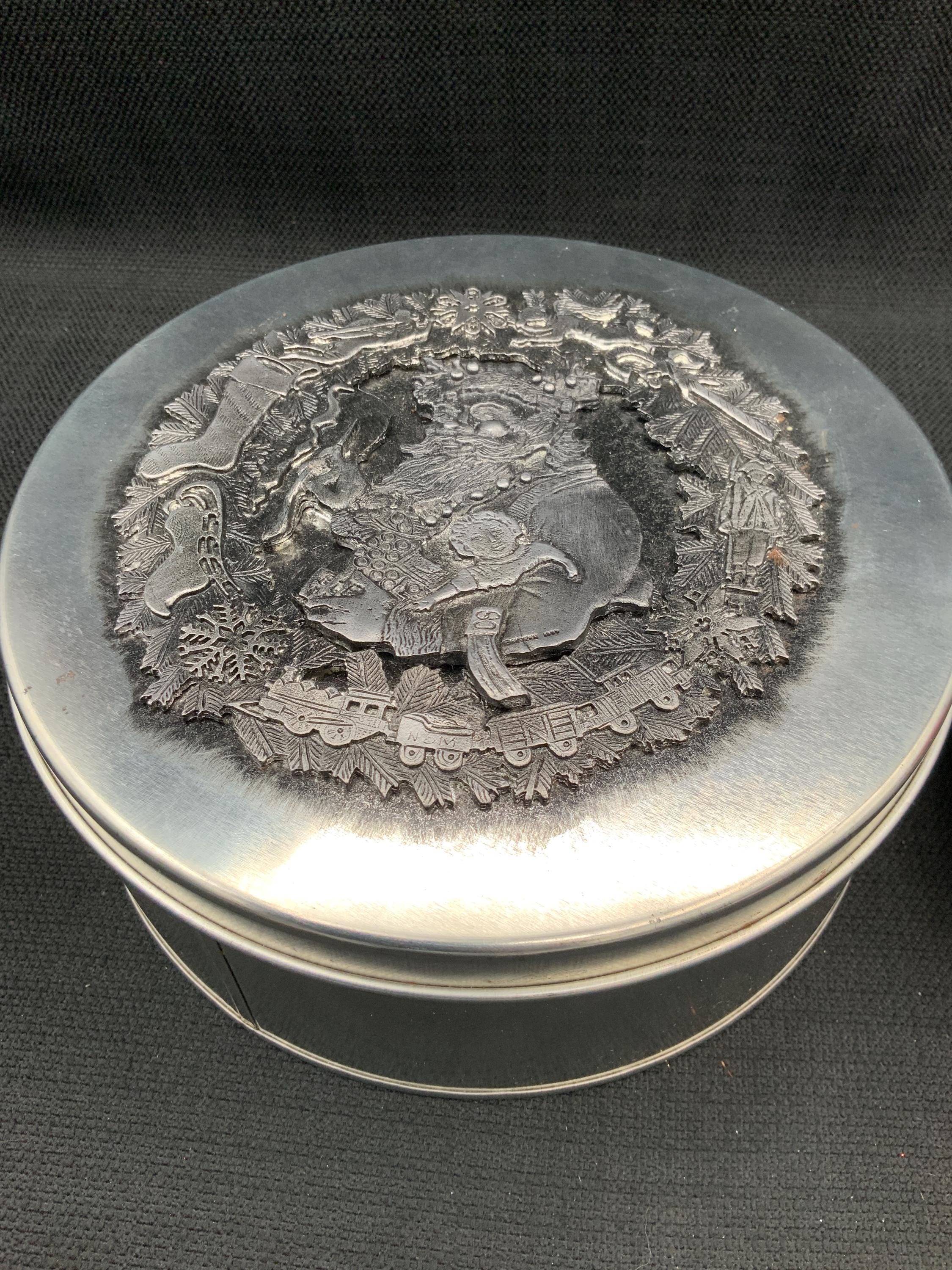 Vintage Metzke Christmas Pewter Cookie Tin, Santa Wreath Design