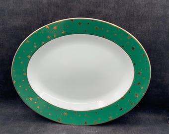 Vintage Sakura Galaxy Green and Gold Star Porcelain Oval Platter-Holiday Tableware- Thanksgiving Plate