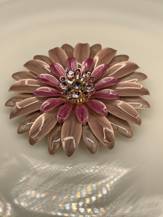 Vintage Enamel Rhinestone Flower Brooch Pin, Larg… - image 1