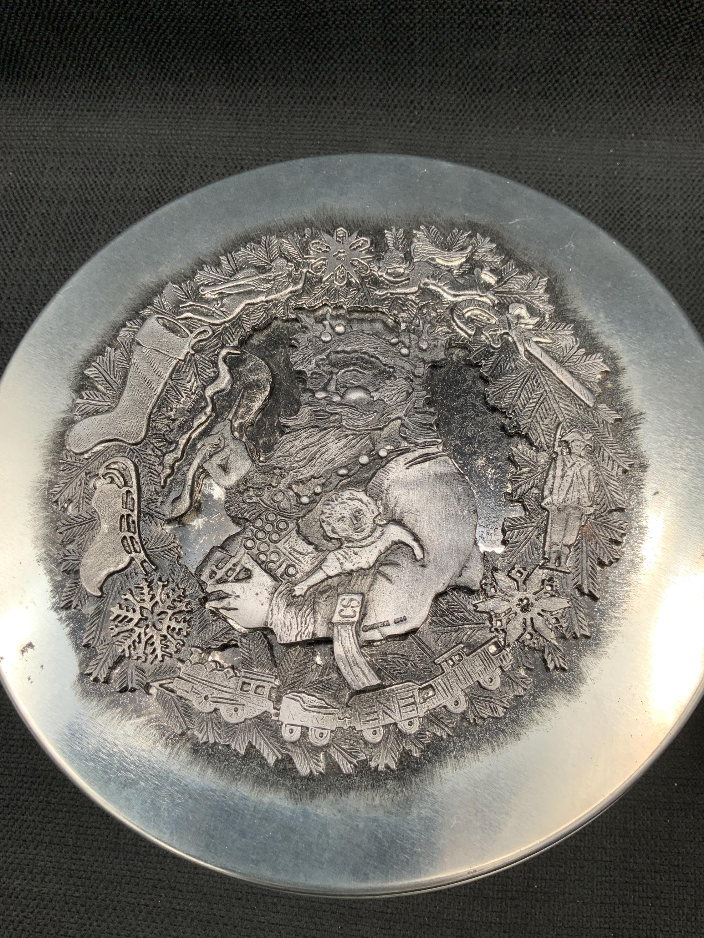 Vintage Metzke Christmas Pewter Cookie Tin, Santa Wreath Design