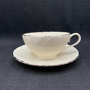 Lenox Weatherly Ivory Porcelain Cup & Saucer Set, Vintage Tea Cups, Swirled Rim, Platinum Trim, Collectible China