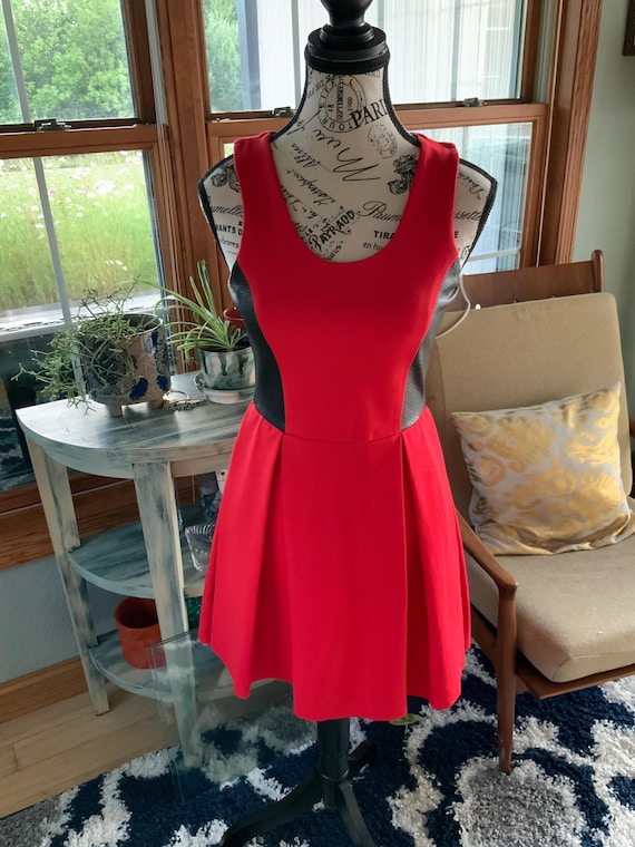 red leather skater dress Hot Deep V Neck Suede Red Leather Skater Dress
