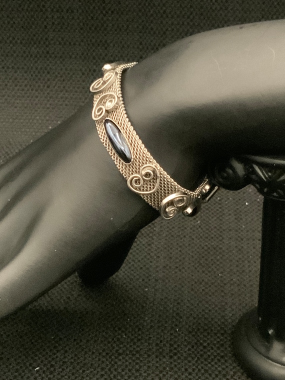 Agate Silvertone Mesh Vintage Bracelet, Boho Retro