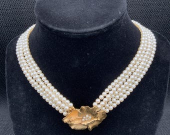 Crown Trifari Pearl Necklace, Gold Tone Poppy Flower Clasp, Bride Accessories, Elegant Style