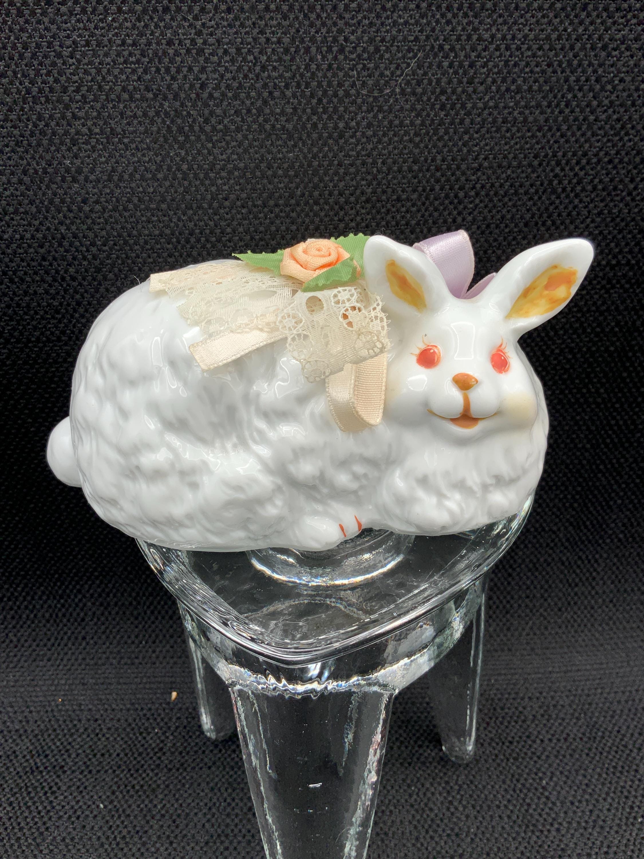 Set 2 Statuette Coniglietto Pasqua In Ceramica | 4,5 Pollici Con Fiocco, Decorazioni Primaverili