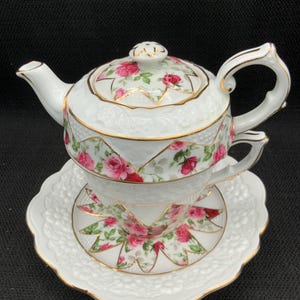 Nantucket Floral Teapot Cup and Saucer Set, Single Serving Teapot, Tea Lover Gift, Floral Tea Set, Unique Teapot Se