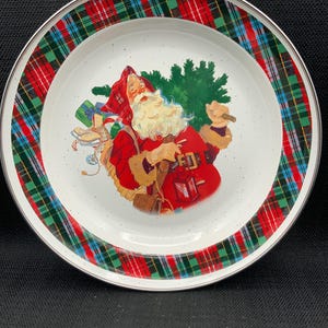 Vintage Enamel Ware Santa Plates Set of 6, Hallmark Plates Collection, Holiday Dinnerware, Christmas Decor