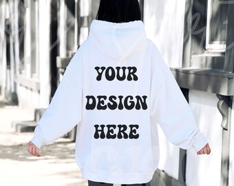 Gildan 18500 Back Mockup, White Gildan 18500 Back Mockup, Oversized White Hoodie Back Mockup, 18500 Back Model Outdoor Lifestyle Mockup