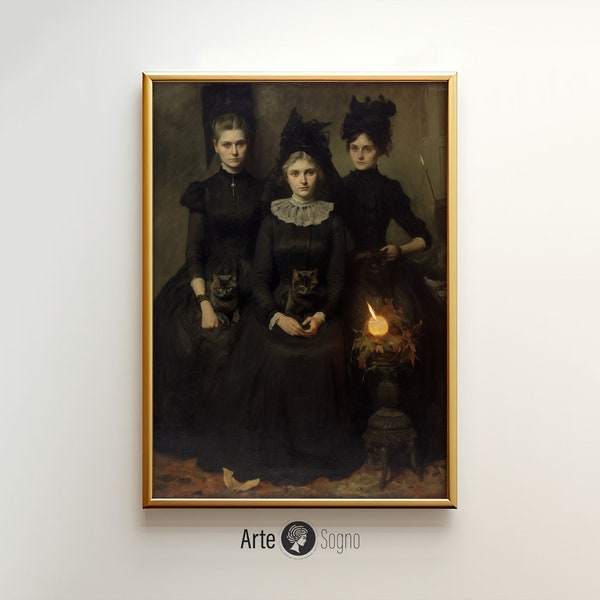 Victorian Witches Coven Painting | Dark Academia Print | Dark Cottagecore Aesthehic | Gothic | Moody Muted Wall Art | Witch and Cat