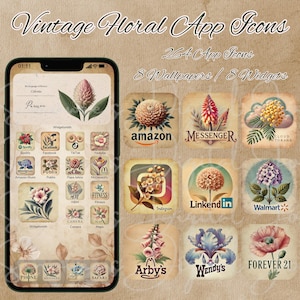 Op de afbeelding: Een set van 264 vintage app-iconen met bloemenmotieven, 8 achtergronden en 8 widgets voor een telefoon. De iconen tonen verschillende bloemen en planten in een vintage stijl. De iconen omvatten populaire apps zoals Amazon, Messenger, Instagram, LinkedIn, Walmart, Arby's, Wendy's en Forever 21.