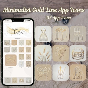 May include: A screenshot of a phone displaying a collection of gold line app icons. The icons are on a beige background and include a dress, books, lipstick, wheat, grapes, a hamburger, a butterfly, a violin, and a gorilla. The phone screen also displays the text "Be You Love" and "Widgetsmith".