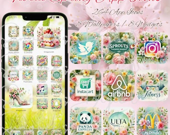 May include: A collection of 264 floral app icons, 8 wallpapers, and 8 widgets. The icons feature a variety of popular apps, including Instagram, Uber, and McDonald's, all with a spring-themed floral design.