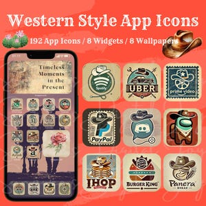 Peut inclure: Une collection de 192 icônes d'applications de style western, 8 widgets et 8 fonds d'écran. Les icônes présentent une variété d'applications populaires, notamment Spotify, Uber, Prime Video, PayPal, IHOP, Burger King et Panera Bread. Chaque icône est conçue avec un chapeau de cowboy et une esthétique vintage.