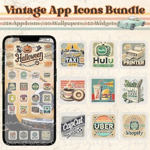 Pode incluir: Uma coleção de ícones de aplicativos de estilo vintage para aplicativos populares como Hulu, Uber, Dunkin' Donuts e Shopify. Os ícones são projetados em um estilo retrô com cores brilhantes e fontes em negrito. Os ícones são perfeitos para personalizar a tela inicial do seu telefone.
