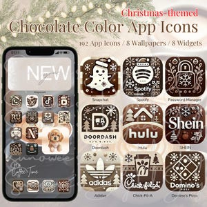 May include: A smartphone screen displays a collection of chocolate-colored app icons with a Christmas theme. The icons include popular apps like Spotify, DoorDash, and Adidas. The text reads "Chocolate Color App Icons" and "Christmas-themed."
