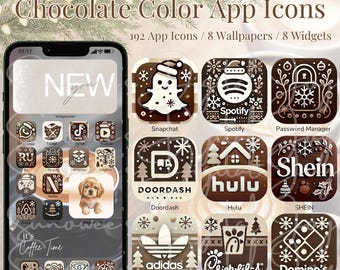 May include: A smartphone screen displays a collection of chocolate-colored app icons with a Christmas theme. The icons include popular apps like Spotify, DoorDash, and Adidas. The text reads "Chocolate Color App Icons" and "Christmas-themed."